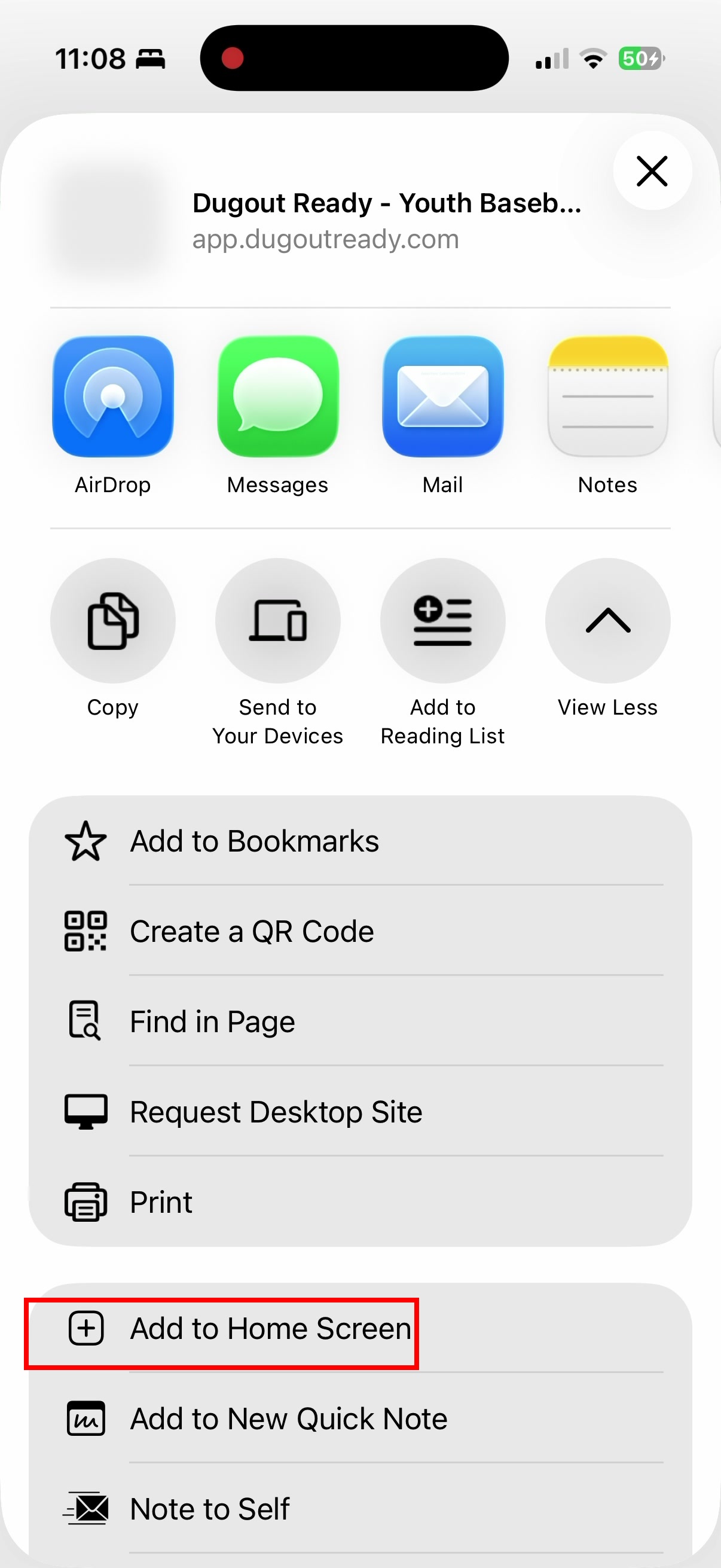Scroll down and tap Add to Home Screen